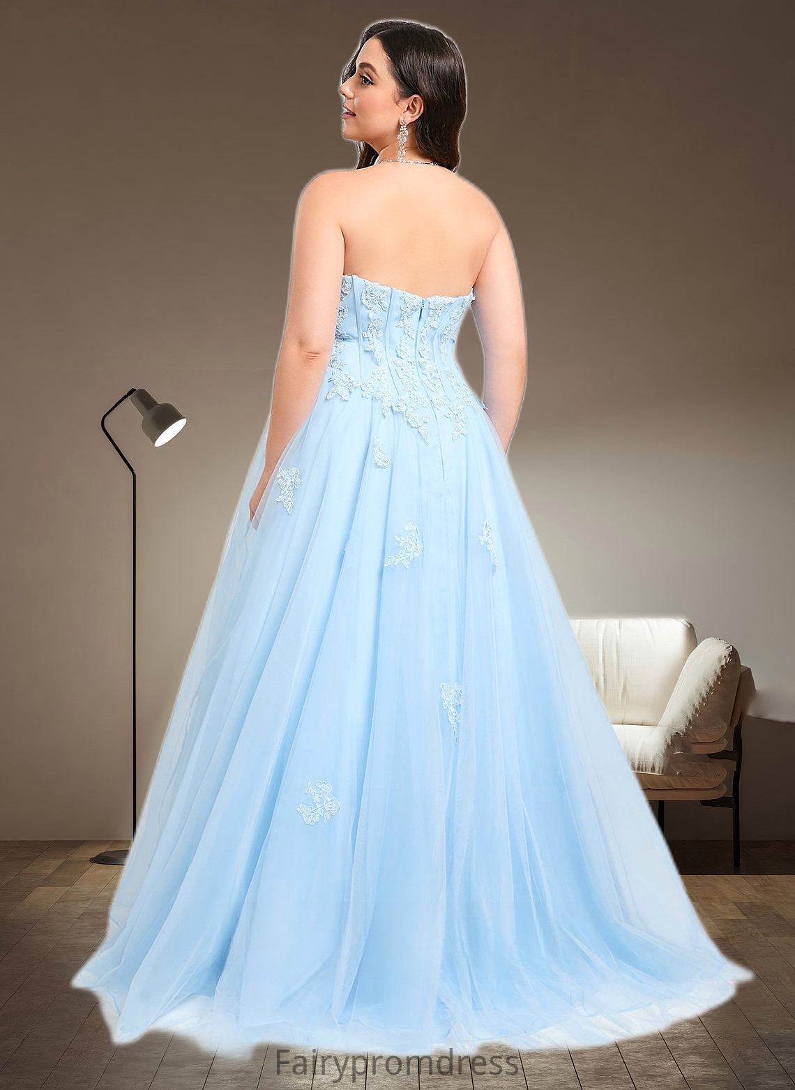 Liana Ball-Gown/Princess Straight Sweep Train Tulle Prom Dresses With Sequins Appliques Lace DJP0025864