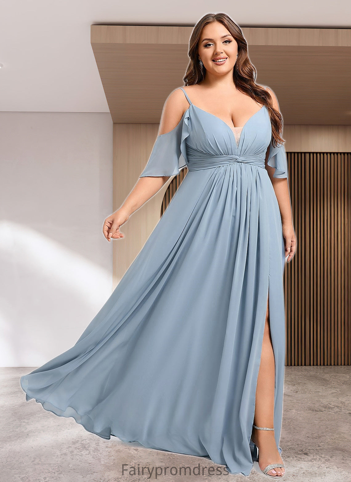 Pam A-line Cold Shoulder Floor-Length Chiffon Bridesmaid Dress With Ruffle DJP0025797