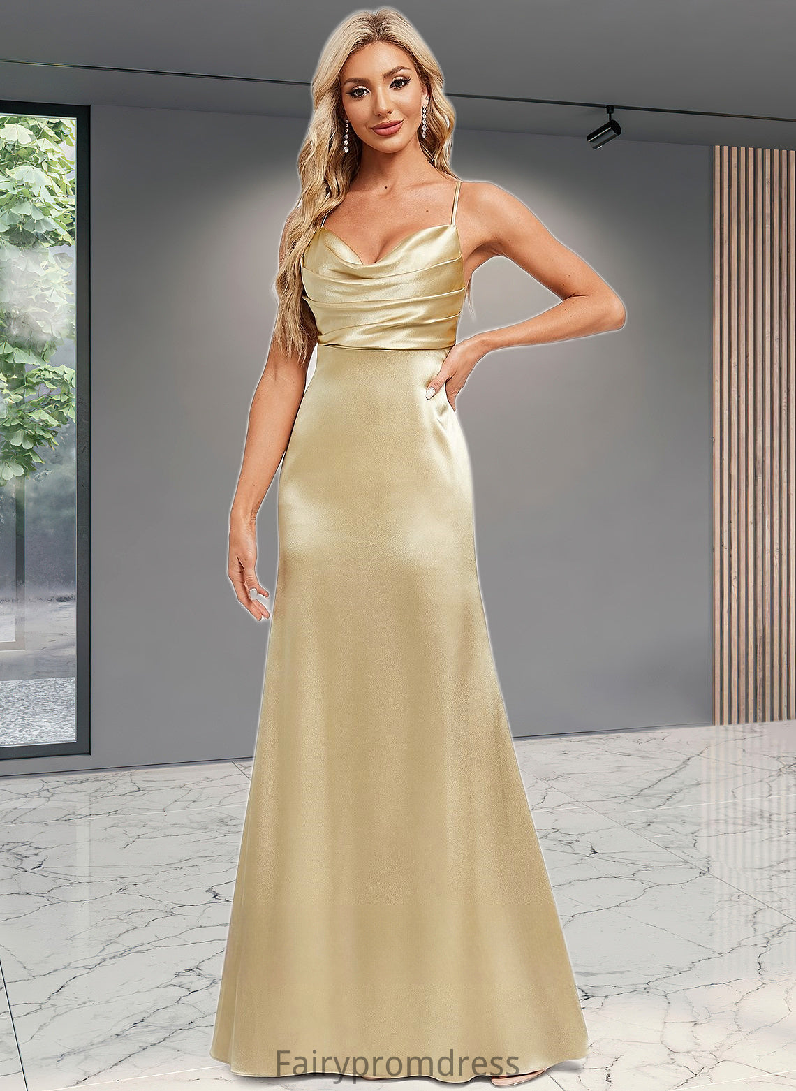 Meghan Trumpet/Mermaid Cowl Floor-Length Stretch Satin Bridesmaid Dress DJP0025792