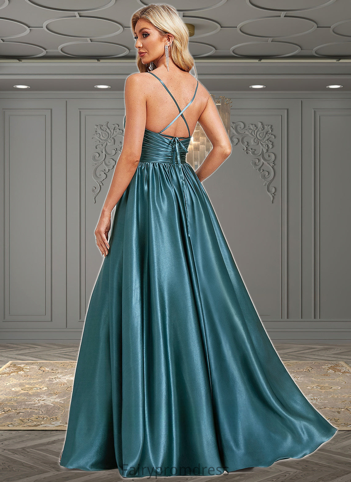 Hailey A-line V-Neck Floor-Length Stretch Satin Bridesmaid Dress DJP0025786