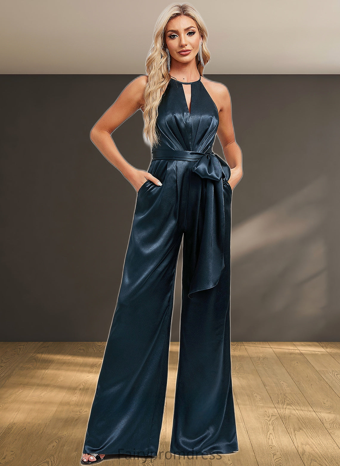 Michelle Jumpsuit/Pantsuit Halter Floor-Length Stretch Satin Bridesmaid Dress DJP0025805