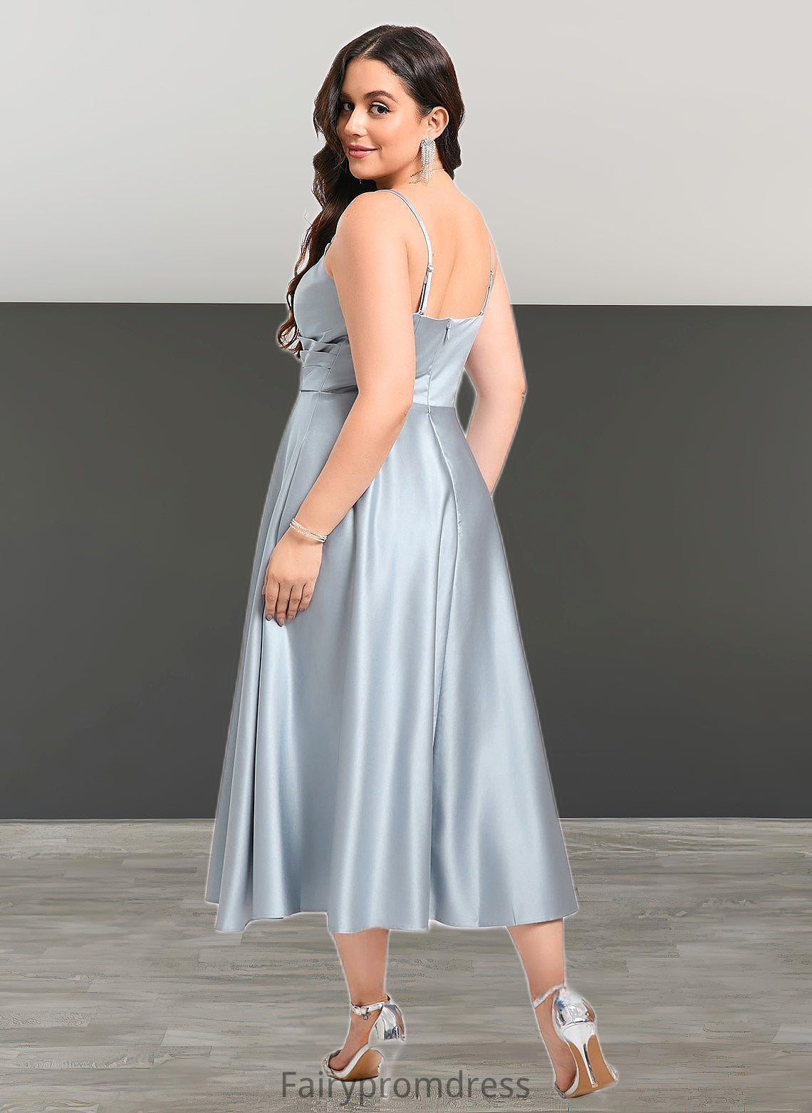 Sydnee A-line V-Neck Tea-Length Satin Bridesmaid Dress DJP0025794