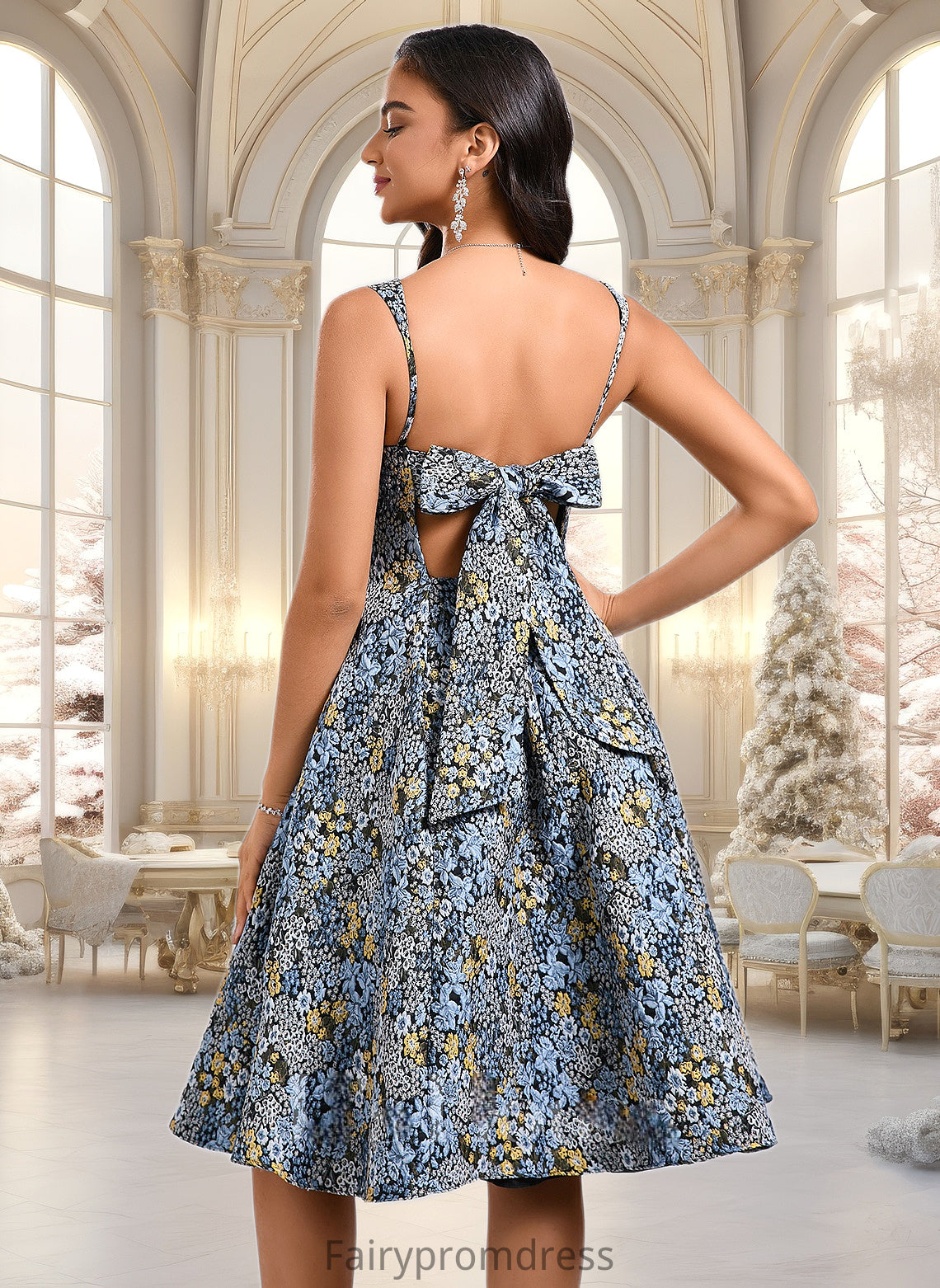 Margery A-line Square Knee-Length Jacquard Homecoming Dress With Bow DJP0025687