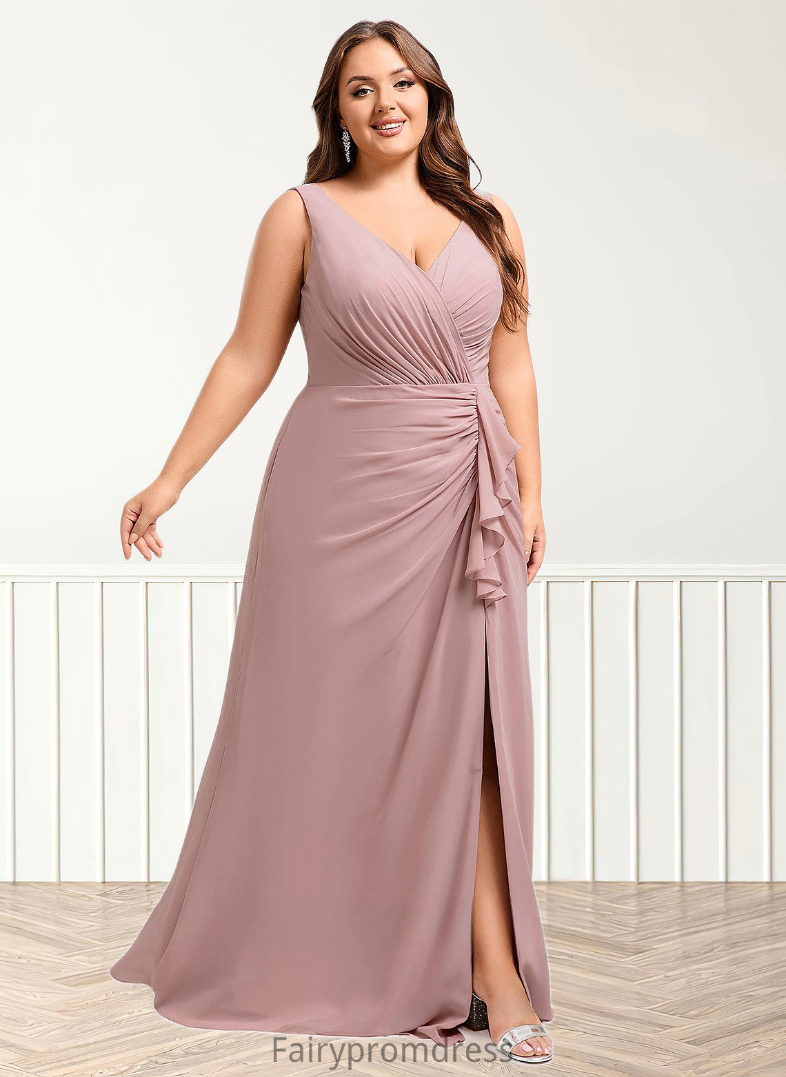 Nina A-line V-Neck Floor-Length Chiffon Bridesmaid Dress DJP0025820