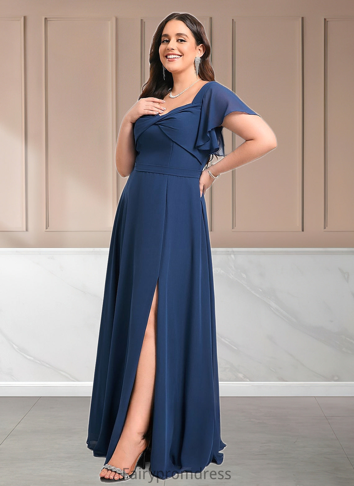 Eileen A-line V-Neck Floor-Length Chiffon Bridesmaid Dress With Ruffle DJP0025802