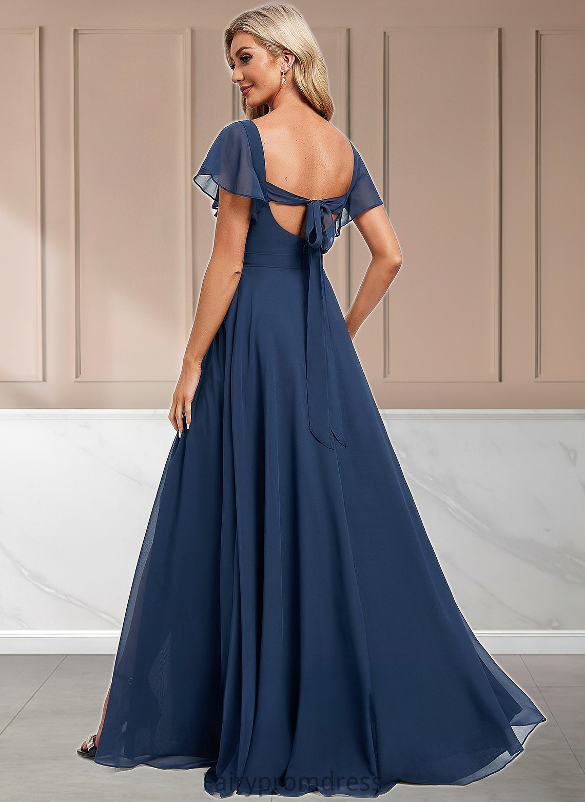 Eileen A-line V-Neck Floor-Length Chiffon Bridesmaid Dress With Ruffle DJP0025802