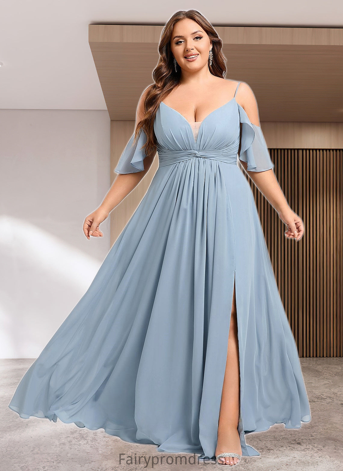 Pam A-line Cold Shoulder Floor-Length Chiffon Bridesmaid Dress With Ruffle DJP0025797