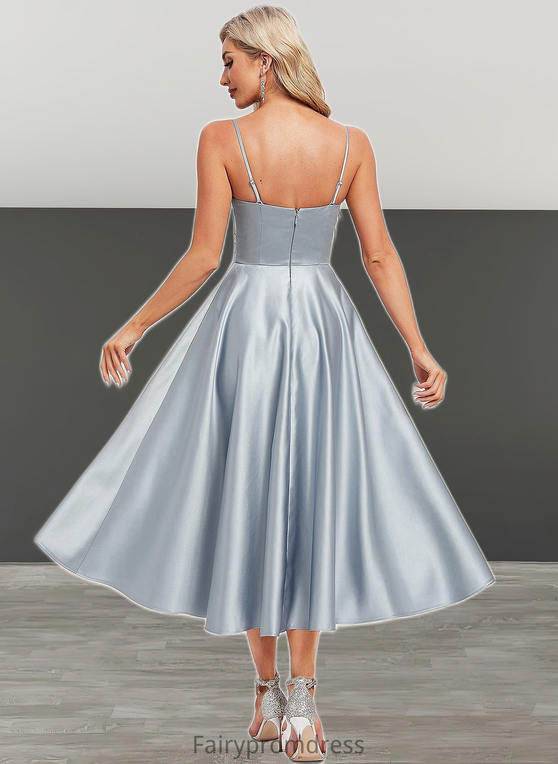 Sydnee A-line V-Neck Tea-Length Satin Bridesmaid Dress DJP0025794