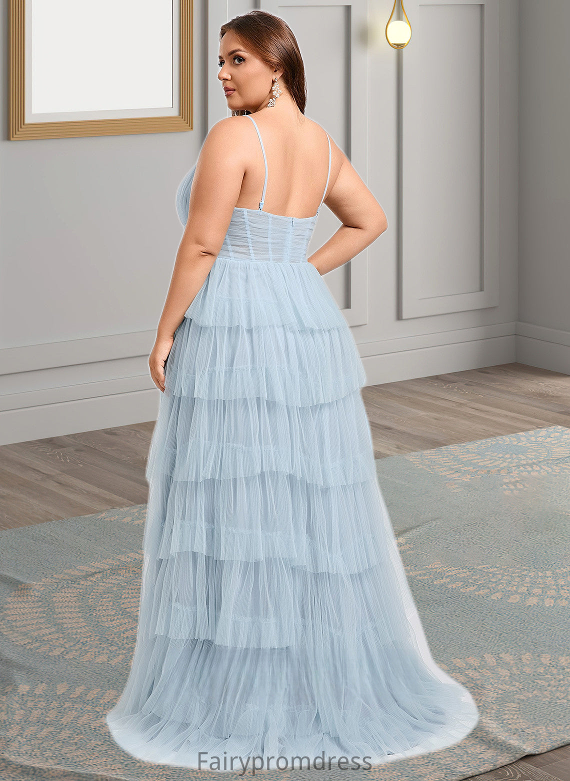 Angelina Ball-Gown/Princess V-Neck Sweep Train Tulle Prom Dresses DJP0025833