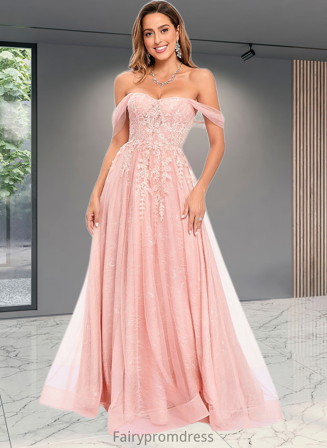 Gwendolyn A-line Sweetheart Off the Shoulder Floor-Length Tulle Floral Lace Prom Dresses With Appliques Lace DJP0025870