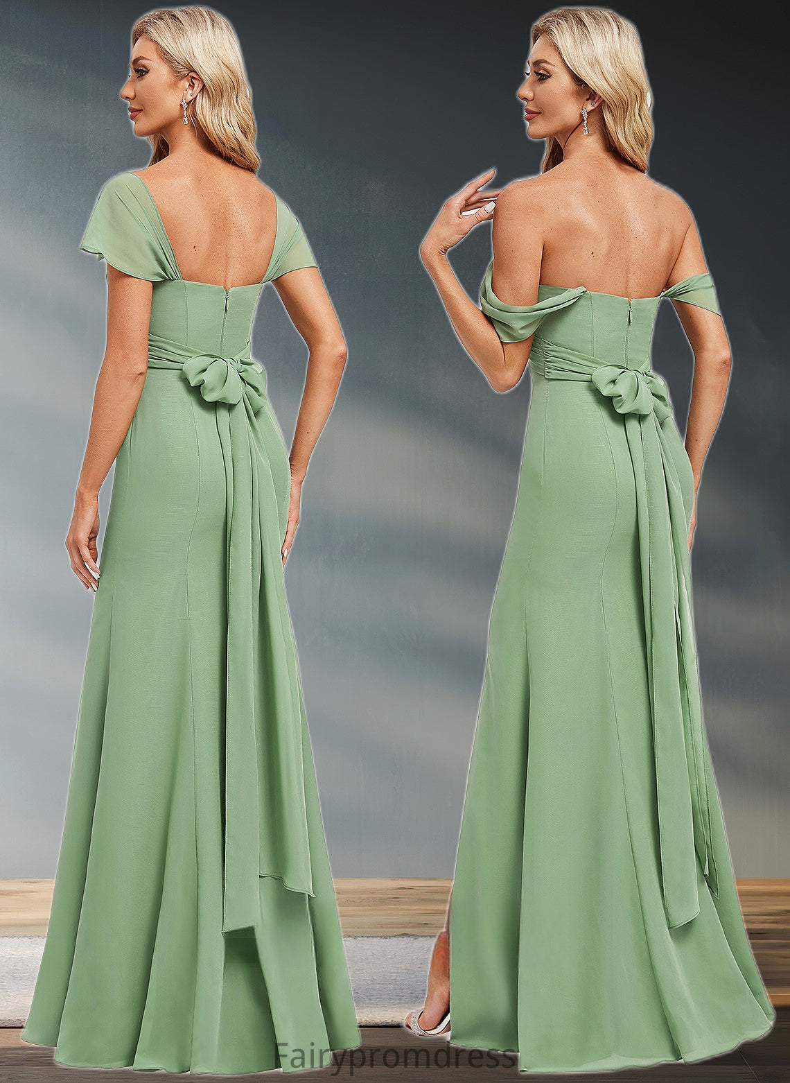 Larissa Trumpet/Mermaid Off the Shoulder V-Neck Floor-Length Chiffon Bridesmaid Dress DJP0025810