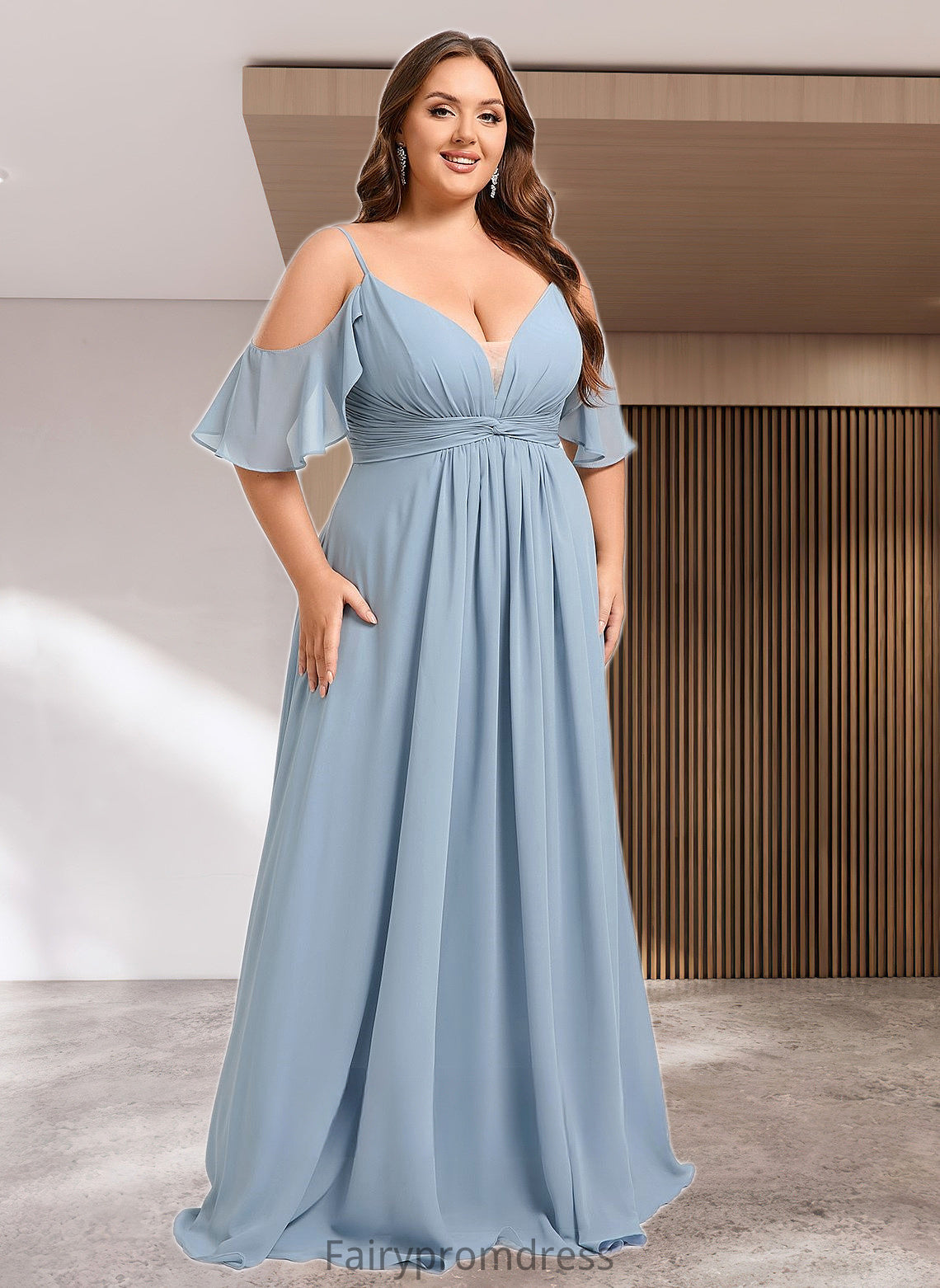 Pam A-line Cold Shoulder Floor-Length Chiffon Bridesmaid Dress With Ruffle DJP0025797