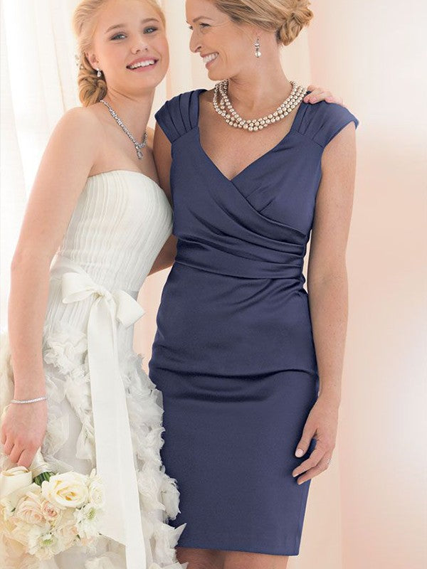 Kinsley Sheath/Column Charmeuse Ruched V-neck Short Sleeves Knee-Length Mother of the Bride Dresses DJP0020327