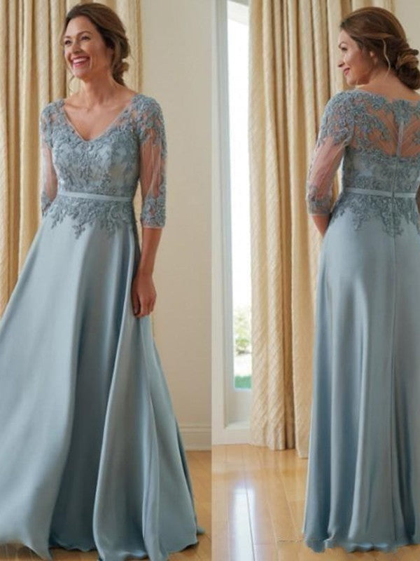 Riley A-Line/Princess Satin Applique V-neck 3/4 Sleeves Floor-Length Mother of the Bride Dresses DJP0020381