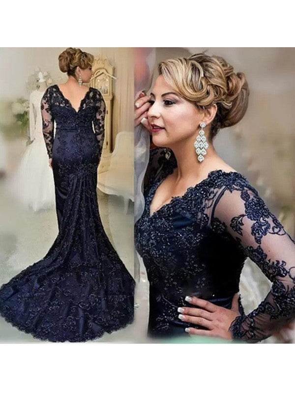 Elle Sheath/Column Lace Applique V-neck Long Sleeves Sweep/Brush Train Mother of the Bride Dresses DJP0020397