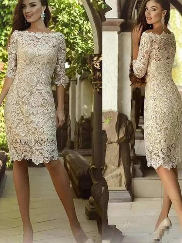 Eva Sheath/Column Lace Applique Off-the-Shoulder 3/4 Sleeves Knee-Length Mother of the Bride Dresses DJP0020398