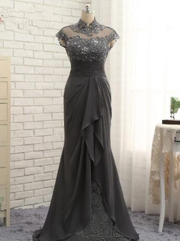 Paisley Sheath/Column Chiffon Lace High Neck Short Sleeves Sweep/Brush Train Mother of the Bride Dresses DJP0020405