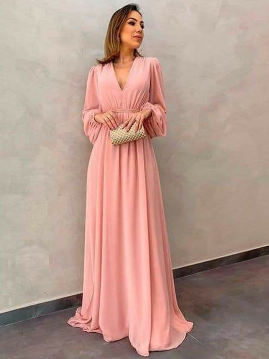 Yamilet A-Line/Princess Chiffon Ruffles V-neck Long Sleeves Sweep/Brush Train Mother of the Bride Dresses DJP0020407