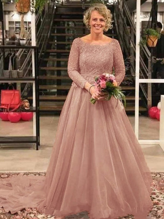 Athena A-Line/Princess Tulle Applique Scoop Long Sleeves Court Train Mother of the Bride Dresses DJP0020413