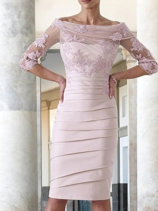 Naomi Sheath/Column Satin Applique Scoop 3/4 Sleeves Knee-Length Mother of the Bride Dresses DJP0020414