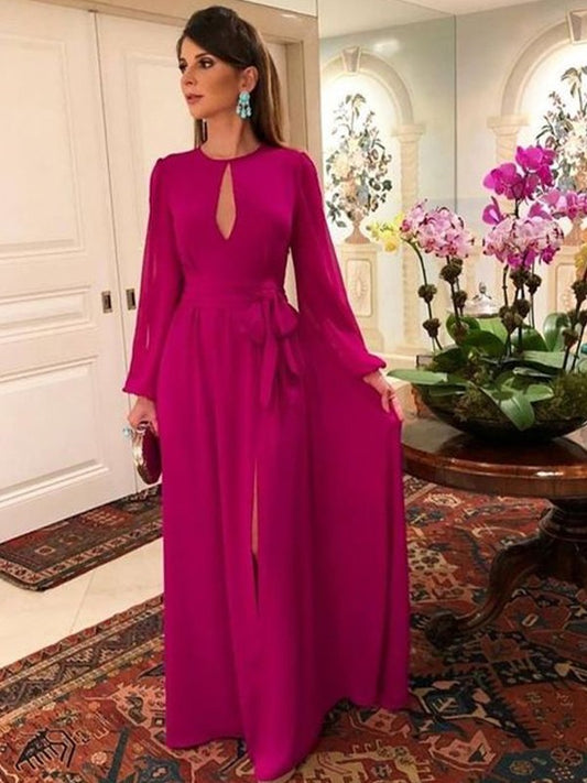 Hazel A-Line/Princess Chiffon Ruched Scoop Long Sleeves Floor-Length Mother of the Bride Dresses DJP0020417