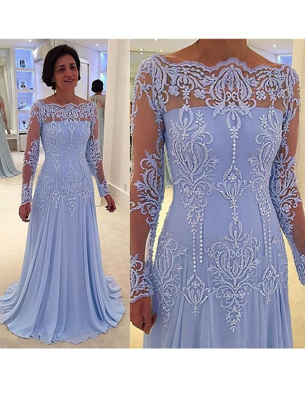 Kaylynn A-Line/Princess Chiffon Applique Scoop Long Sleeves Sweep/Brush Train Mother of the Bride Dresses DJP0020420