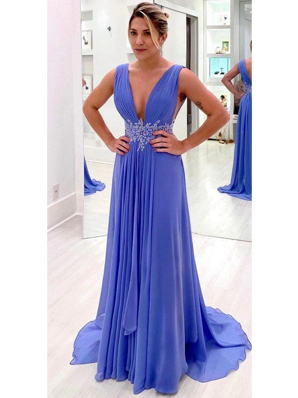 Ashlee A-Line/Princess Chiffon Ruffles V-neck Sleeveless Sweep/Brush Train Mother of the Bride Dresses DJP0020434