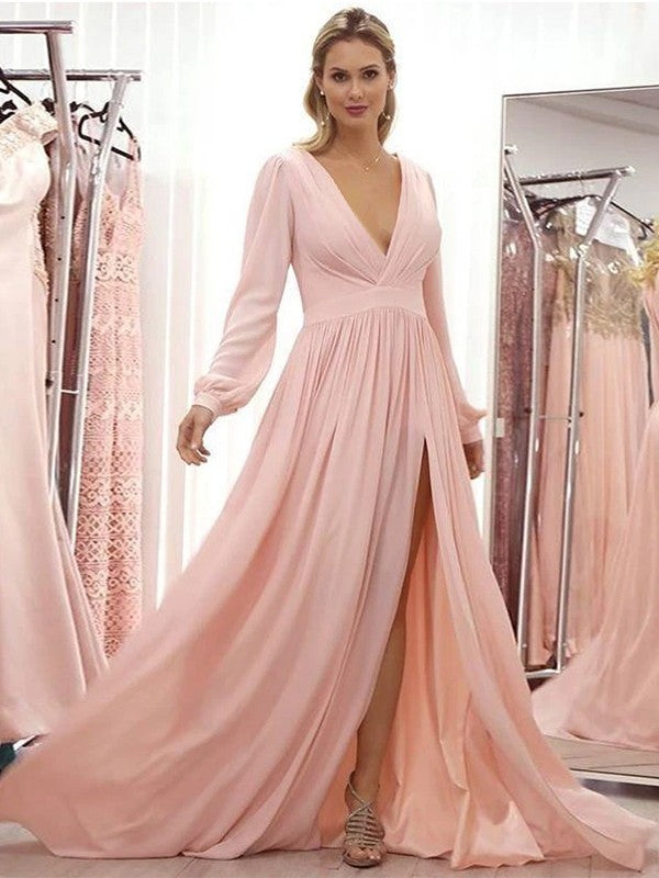 LuLu A-Line/Princess Chiffon Ruffles V-neck Long Sleeves Sweep/Brush Train Mother of the Bride Dresses DJP0020429