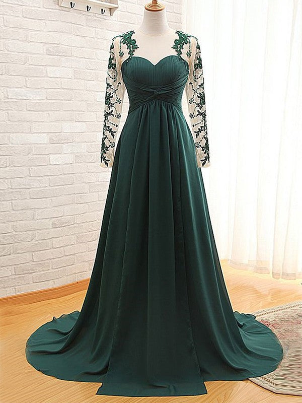 Mimi A-Line/Princess Chiffon Applique Sweetheart Long Sleeves Sweep/Brush Train Mother of the Bride Dresses DJP0020438