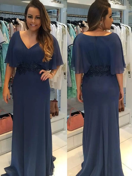 Louise Sheath/Column Chiffon Applique V-neck Short Sleeves Sweep/Brush Train Mother of the Bride Dresses DJP0020284