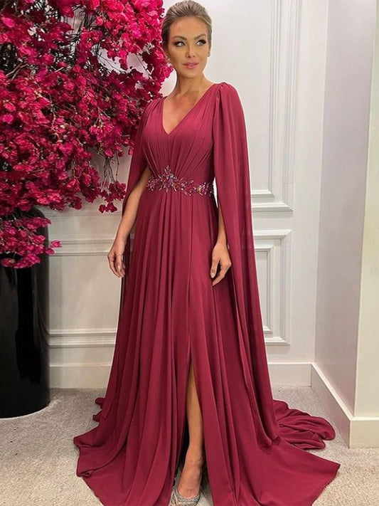 Taniya A-Line/Princess Chiffon Ruched V-neck Long Sleeves Court Train Mother of the Bride Dresses DJP0020287