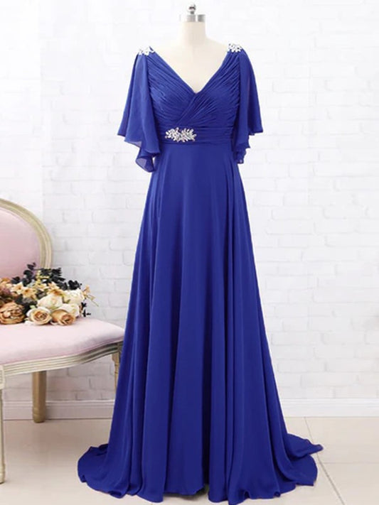 Kallie A-Line/Princess Chiffon Beading V-neck Short Sleeves Sweep/Brush Train Mother of the Bride Dresses DJP0020288