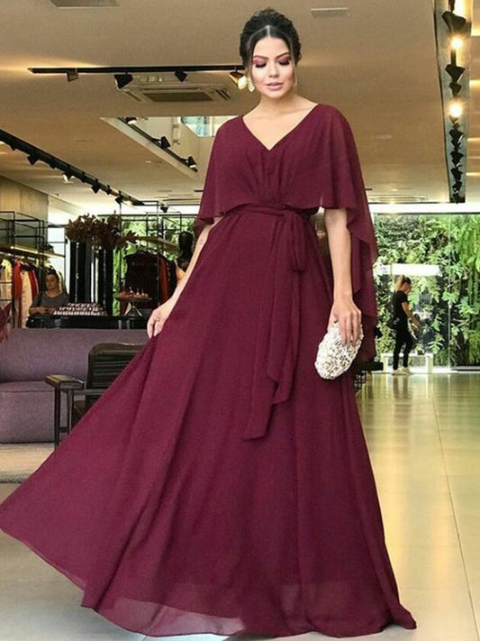 Nina A-Line/Princess Chiffon Sash/Ribbon/Belt V-neck Short Sleeves Floor-Length Mother of the Bride Dresses DJP0020293