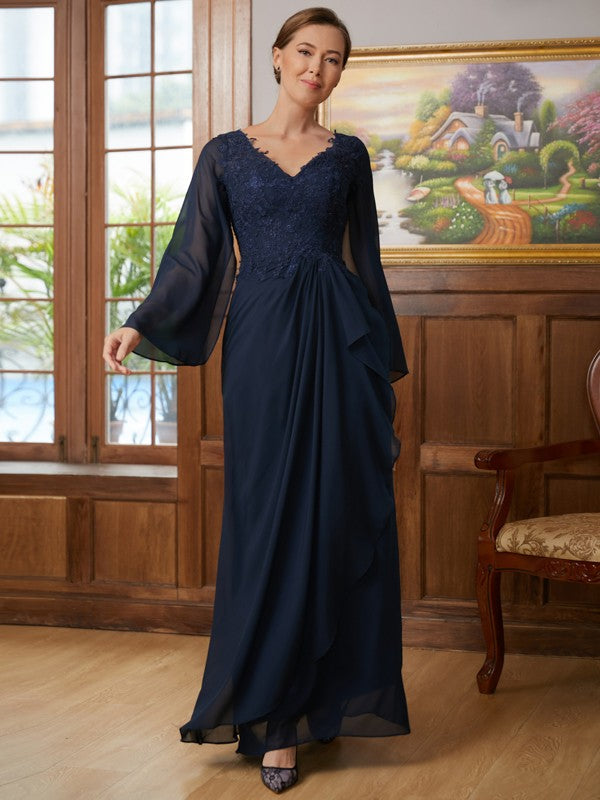 Michaelia A-Line/Princess Chiffon Applique V-neck Long Sleeves Floor-Length Mother of the Bride Dresses DJP0020335