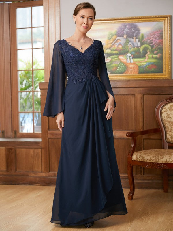 Michaelia A-Line/Princess Chiffon Applique V-neck Long Sleeves Floor-Length Mother of the Bride Dresses DJP0020335