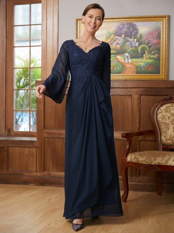 Michaelia A-Line/Princess Chiffon Applique V-neck Long Sleeves Floor-Length Mother of the Bride Dresses DJP0020335