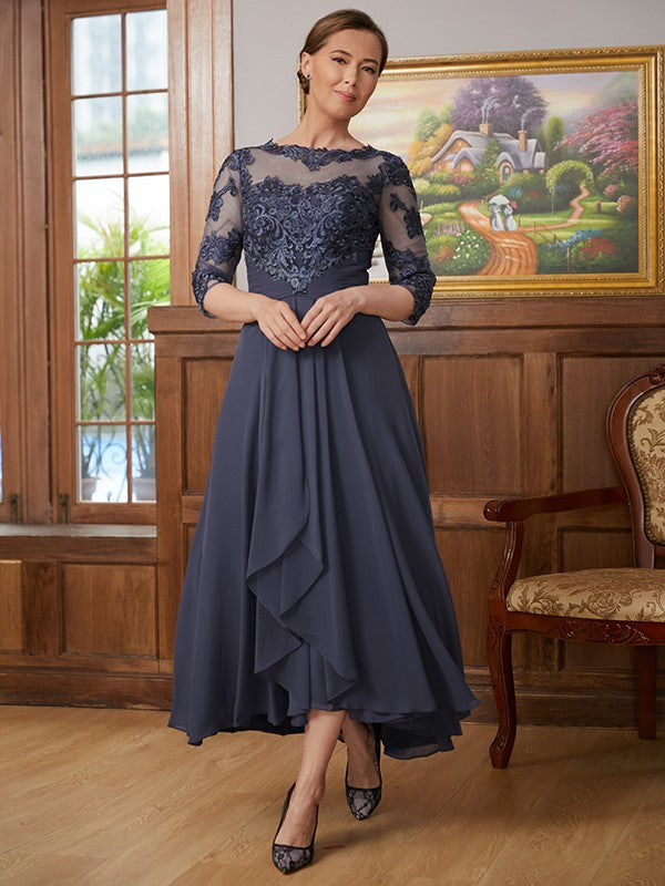 Chaya A-Line/Princess Chiffon Applique Scoop 3/4 Sleeves Asymmetrical Mother of the Bride Dresses DJP0020346