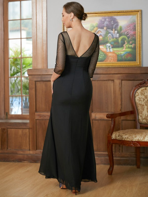 Aryana A-Line/Princess Chiffon Ruched Scoop 3/4 Sleeves Floor-Length Mother of the Bride Dresses DJP0020336