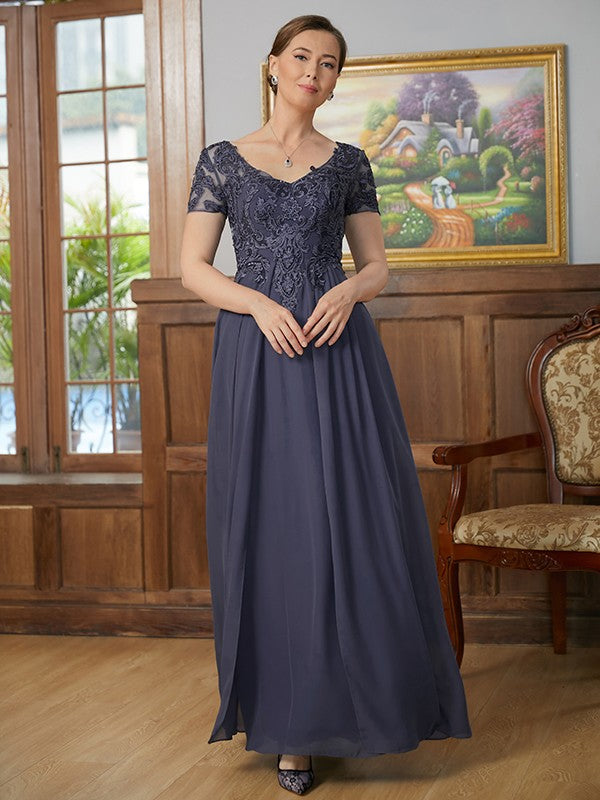 Kamora A-Line/Princess Chiffon Applique V-neck Short Sleeves Floor-Length Mother of the Bride Dresses DJP0020337