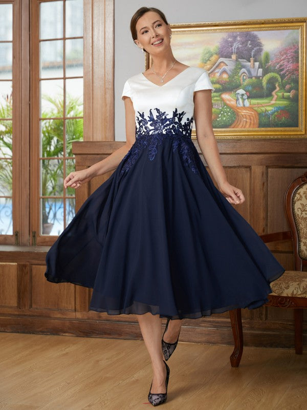 Naomi A-Line/Princess Chiffon Applique V-neck Short Sleeves Tea-Length Mother of the Bride Dresses DJP0020349