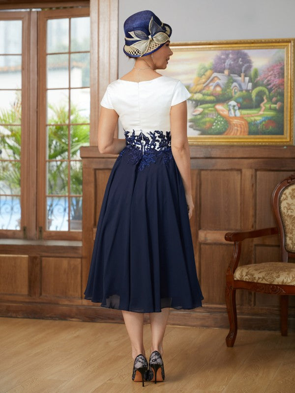 Naomi A-Line/Princess Chiffon Applique V-neck Short Sleeves Tea-Length Mother of the Bride Dresses DJP0020349