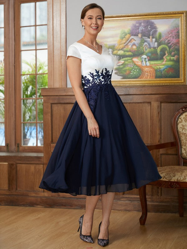 Naomi A-Line/Princess Chiffon Applique V-neck Short Sleeves Tea-Length Mother of the Bride Dresses DJP0020349