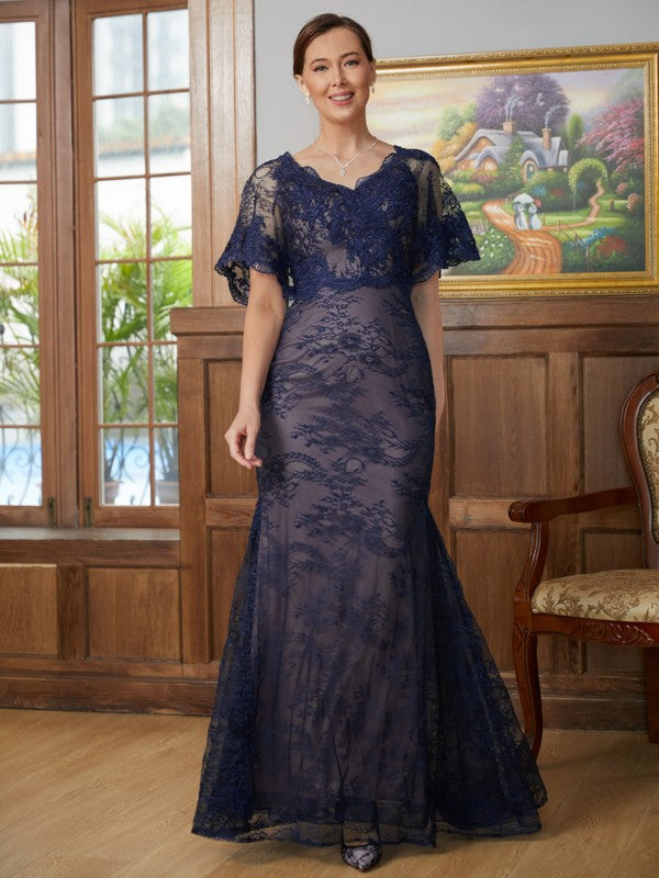 Carmen Sheath/Column Silk like Satin Lace V-neck Short Sleeves Floor-Length Mother of the Bride Dresses DJP0020338