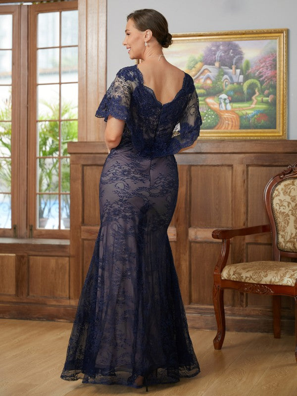 Carmen Sheath/Column Silk like Satin Lace V-neck Short Sleeves Floor-Length Mother of the Bride Dresses DJP0020338