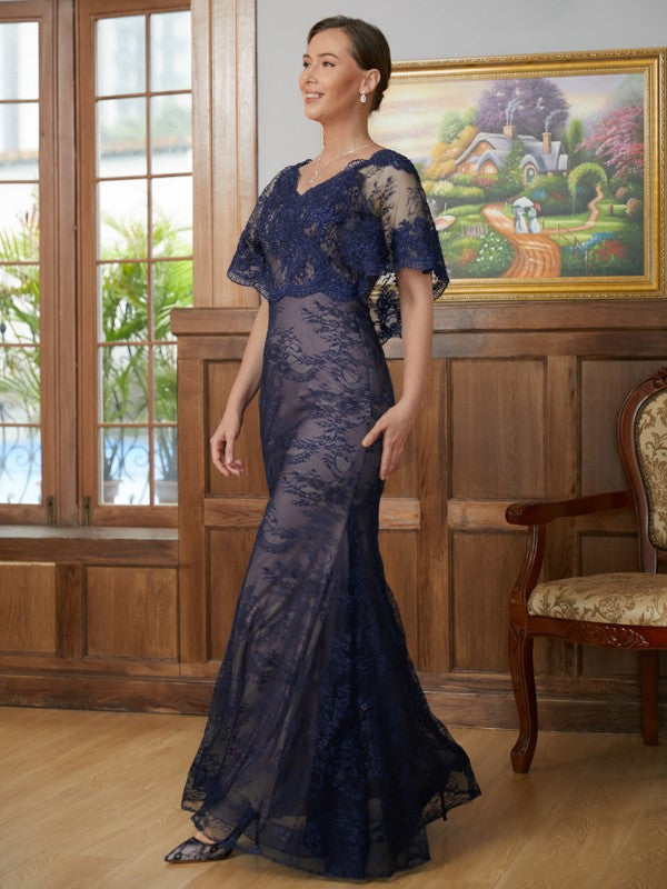 Carmen Sheath/Column Silk like Satin Lace V-neck Short Sleeves Floor-Length Mother of the Bride Dresses DJP0020338