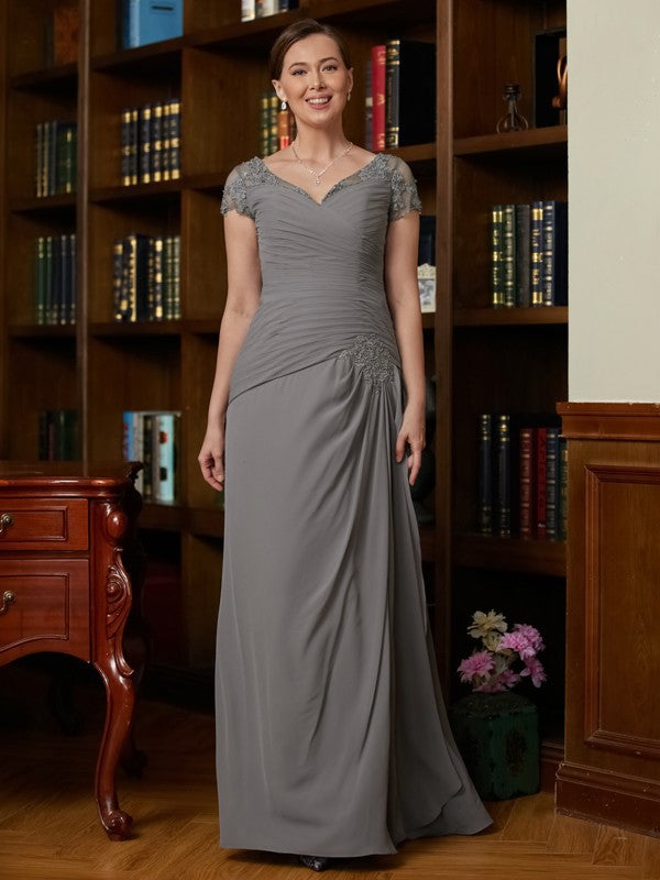 Jazlynn A-Line/Princess Chiffon Applique Sweetheart Short Sleeves Floor-Length Mother of the Bride Dresses DJP0020328