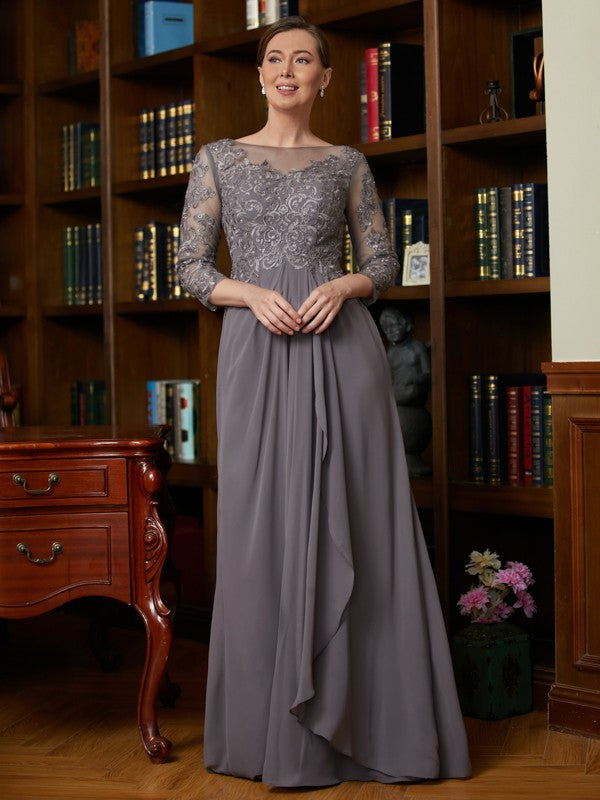 Emilia A-Line/Princess Chiffon Lace Scoop 3/4 Sleeves Floor-Length Mother of the Bride Dresses DJP0020341