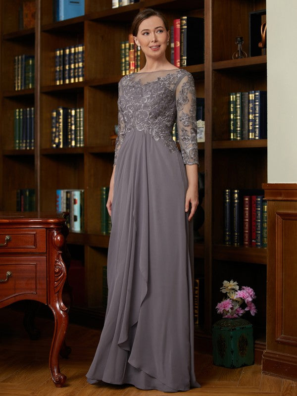 Emilia A-Line/Princess Chiffon Lace Scoop 3/4 Sleeves Floor-Length Mother of the Bride Dresses DJP0020341