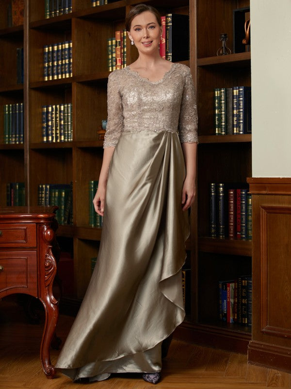 Hannah A-Line/Princess Silk Like Satin Lace V-neck 3/4 Sleeves Sweep/Brush Train Mother of the Bride Dresses DJP0020342