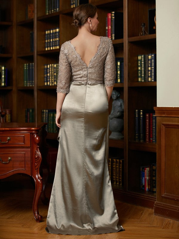 Hannah A-Line/Princess Silk Like Satin Lace V-neck 3/4 Sleeves Sweep/Brush Train Mother of the Bride Dresses DJP0020342